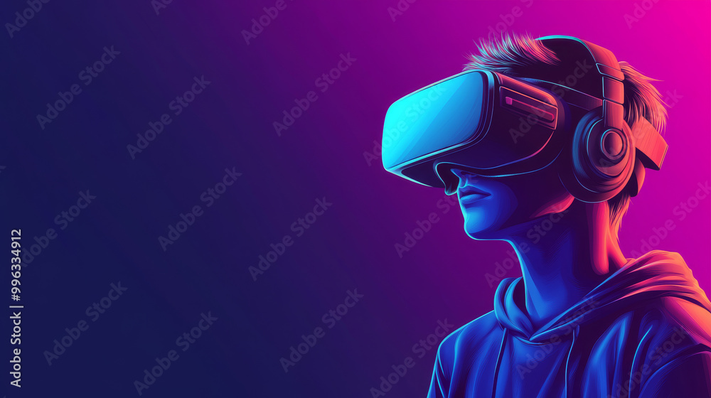Concept of virtual reality technology featuring a teenage gamer wearing a VR headset, fully immersed in a game. The graphic highlights the interactive experience of virtual gaming.
Concept of virtual reality technology featuring a teenage gamer wearing a VR headset, fully immersed in a game. The graphic highlights the interactive experience of virtual gaming.