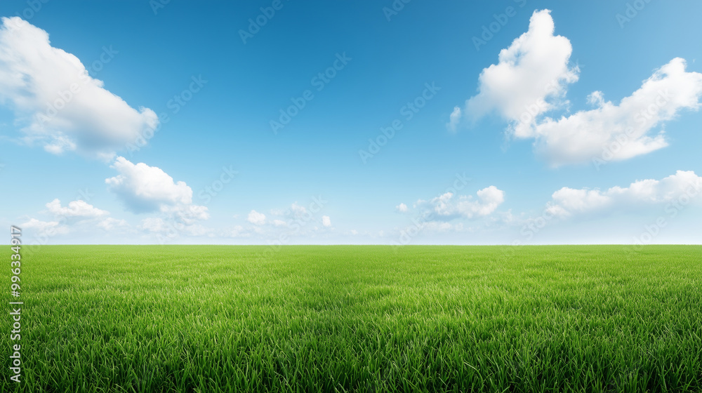 Sprawling green field under bright blue sky and white clouds Sprawling green field under bright blue sky and white clouds