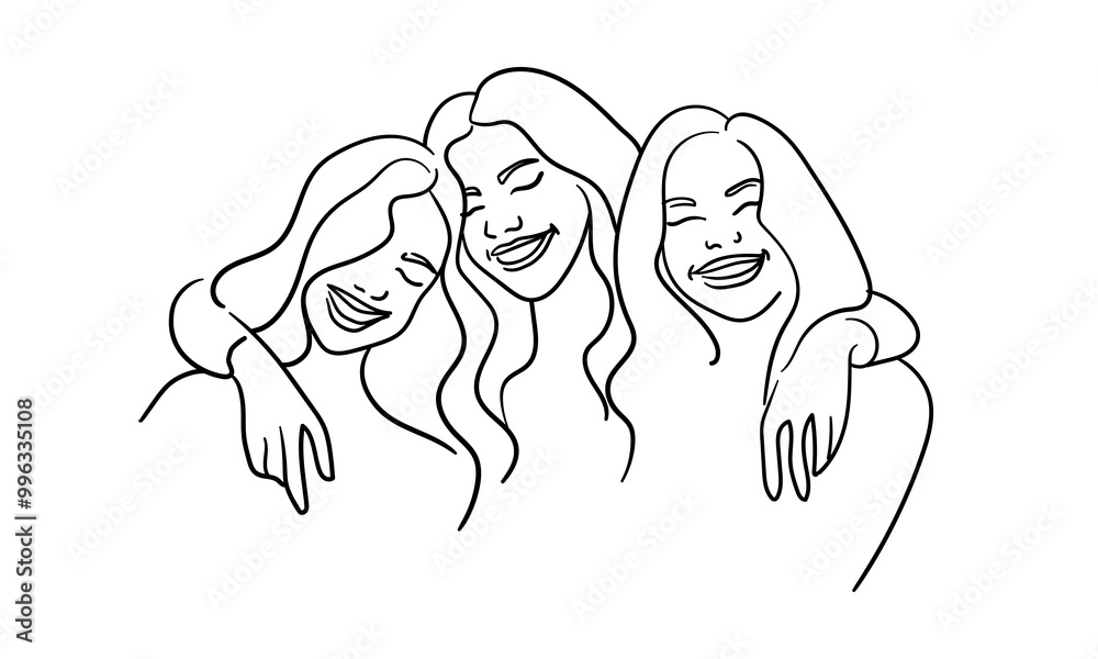 Happy womans continuous line art drawing isolated on white background. Happy best friends outline. Vector illustration Happy womans continuous line art drawing isolated on white background. Happy best friends outline. Vector illustration