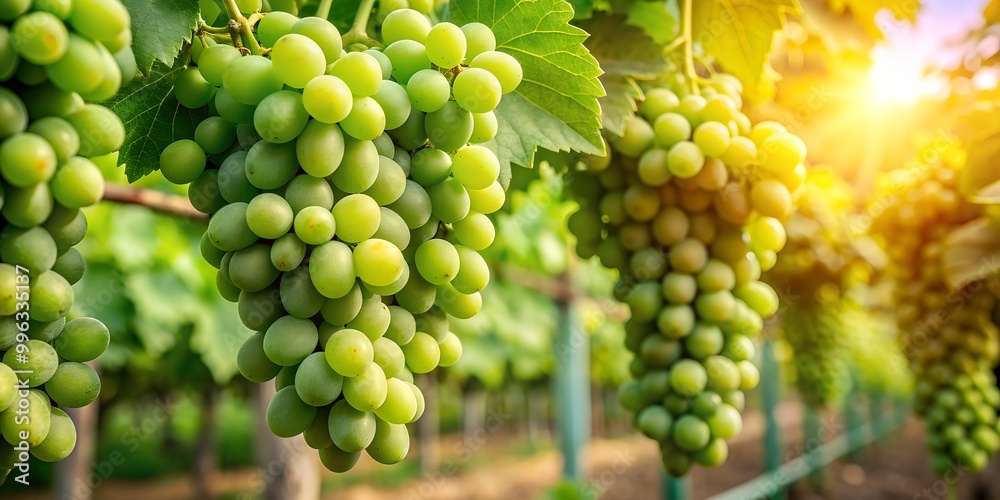 Big green bunches of grapes are ripening on the vine AI-Generated Content