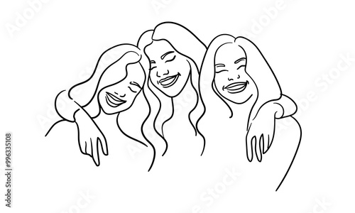 Happy womans continuous line art drawing isolated on white background. Happy best friends outline. Vector illustration