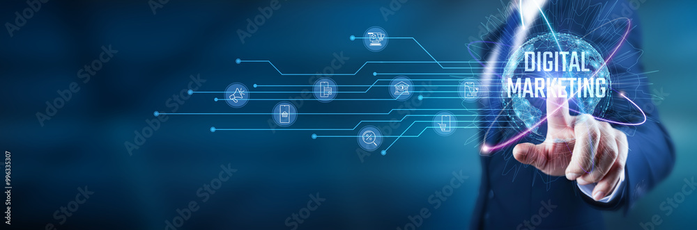 Digital Marketing. Businessman touch digital channels, engage customers, drive sales, build brand awareness, leverage analytics, create content, optimize strategies, increase visibility.