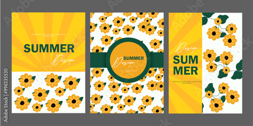 trendy Creative concept of summer bright floral cards set with abstract tropical leaves. flower colorful cover poster for summer. 