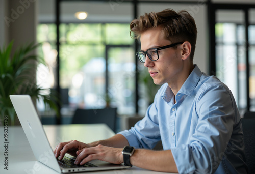 Young man in glasses working in office. Male in blue shirt typing on a laptop. Blurred background.