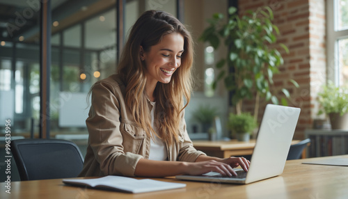 Young smiling woman working in office. Woman in casual clothing  typing on a laptop. Blurred background.
