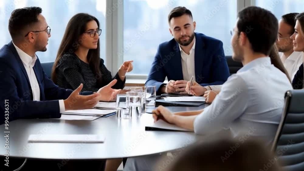 An international group reviews project outcomes in a meeting, showcasing effective teamwork and communication. An international group reviews project outcomes in a meeting, showcasing effective teamwork and communication.