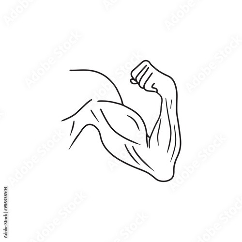 Vector icon of bent arm drawing in black isolated on white background. Hand drawn vector sketch illustration in doodle engraved vintage line art style. Strength, power concept, biceps, gym