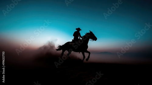 Silhouette of a cowboy riding a horse in a dramatic dusk setting.