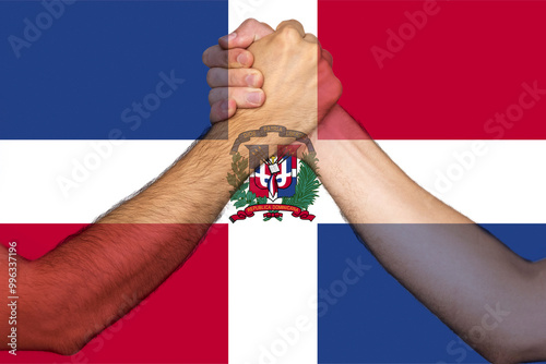 Two hands gathering front of Dominican Republic flag, human rights, help or support for Dominican 