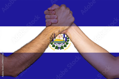 Two hands gathering front of El Salvador flag, help or support for El Salvador, togetherness and 