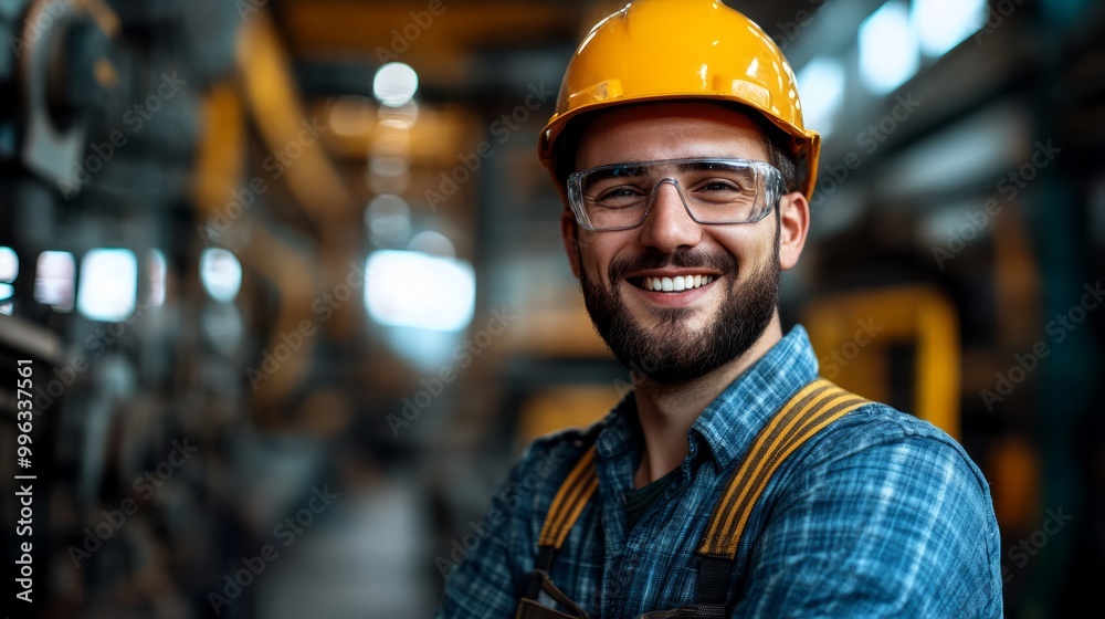 Smiling Industrial Worker in Hard Hat and Safety Glasses Smiling Industrial Worker in Hard Hat and Safety Glasses