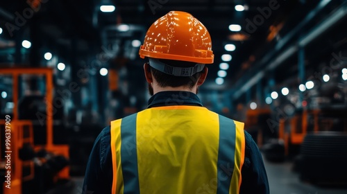 Worker in safety gear inside a modern industrial facility. photo