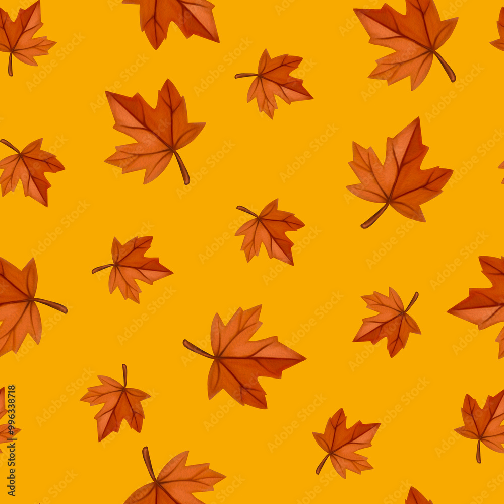 Fototapeta premium Autumn Breeze: Seamless Pattern of Hand-Painted Maple Leaves in Warm, Earthy Tones. Perfect for Fall-Themed Designs, Fabric, Packaging, and Home Décor with a Cozy, Seasonal Aesthetic