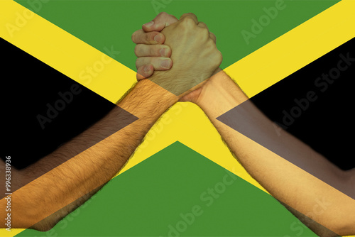 Two hands gathering front of Jamaica flag, union of society, help or support for Jamaica