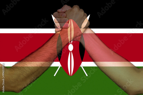 Two hands gathering front of Kenya flag, help or support for Kenya, human rights, togetherness 