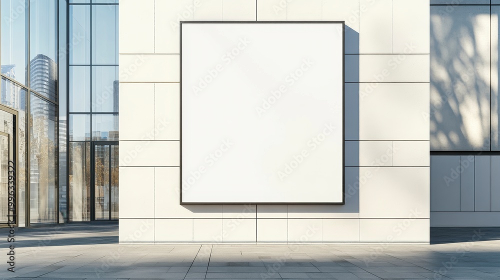 Blank canvas display, urban glass reflections, sunlit modern architecture, empty white square, outdoor scene. Blank canvas display, urban glass reflections, sunlit modern architecture, empty white square, outdoor scene.