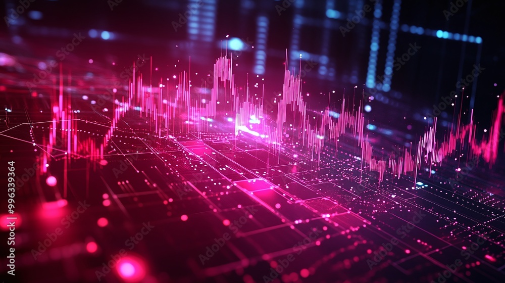 Abstract digital data visualization with vibrant pink and blue wave patterns on a futuristic grid background. Abstract digital data visualization with vibrant pink and blue wave patterns on a futuristic grid background.