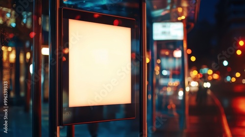 Illuminated city sign, blurred urban lights, evening setting, reflections create a serene, modern ambiance.