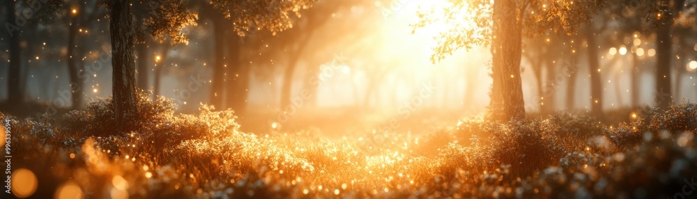 Fototapeta premium A serene forest scene illuminated by radiant golden sunlight filtering through tall trees.