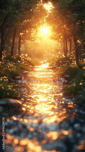 A serene forest stream illuminated by the warm glow of sunset, surrounded by lush greenery.