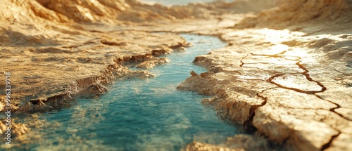 A serene river flowing through cracked earth, showcasing the beauty of nature's textures and colors. photo