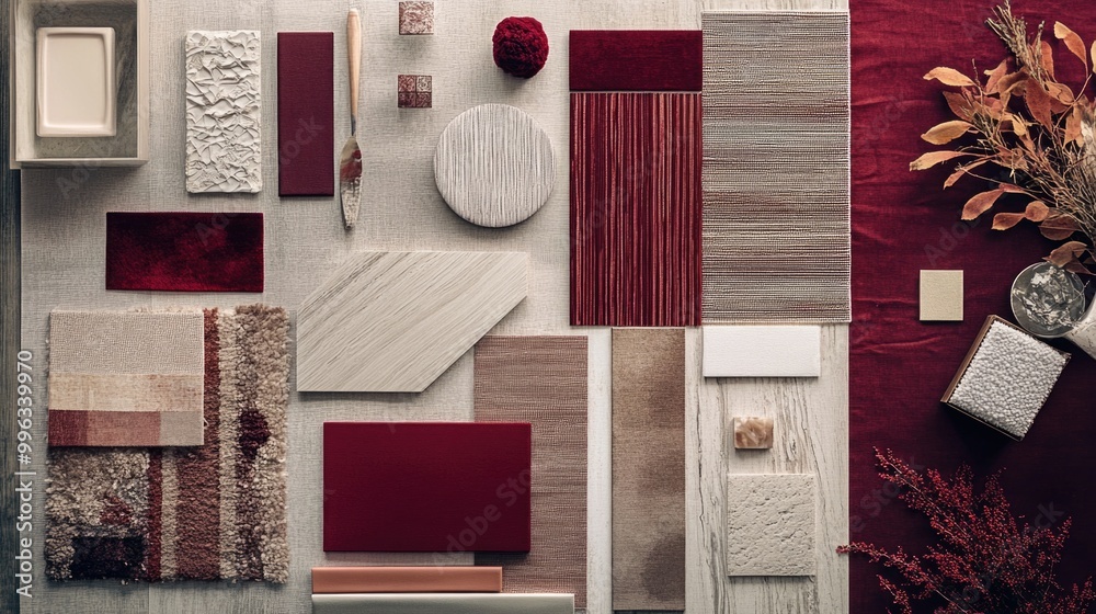 Modern flat lay composition in wine red color palette with textile and ...