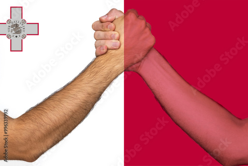 Two hands gathering front of Malta flag, union of society, human rights, help or support for Malta
