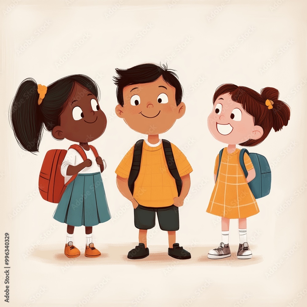 Three children smiling and chatting excitedly on their first day of school in a playful illustration Three children smiling and chatting excitedly on their first day of school in a playful illustration
