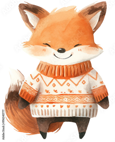 Watercolor dressed fox animal isolated on transparent background, autumn illustration