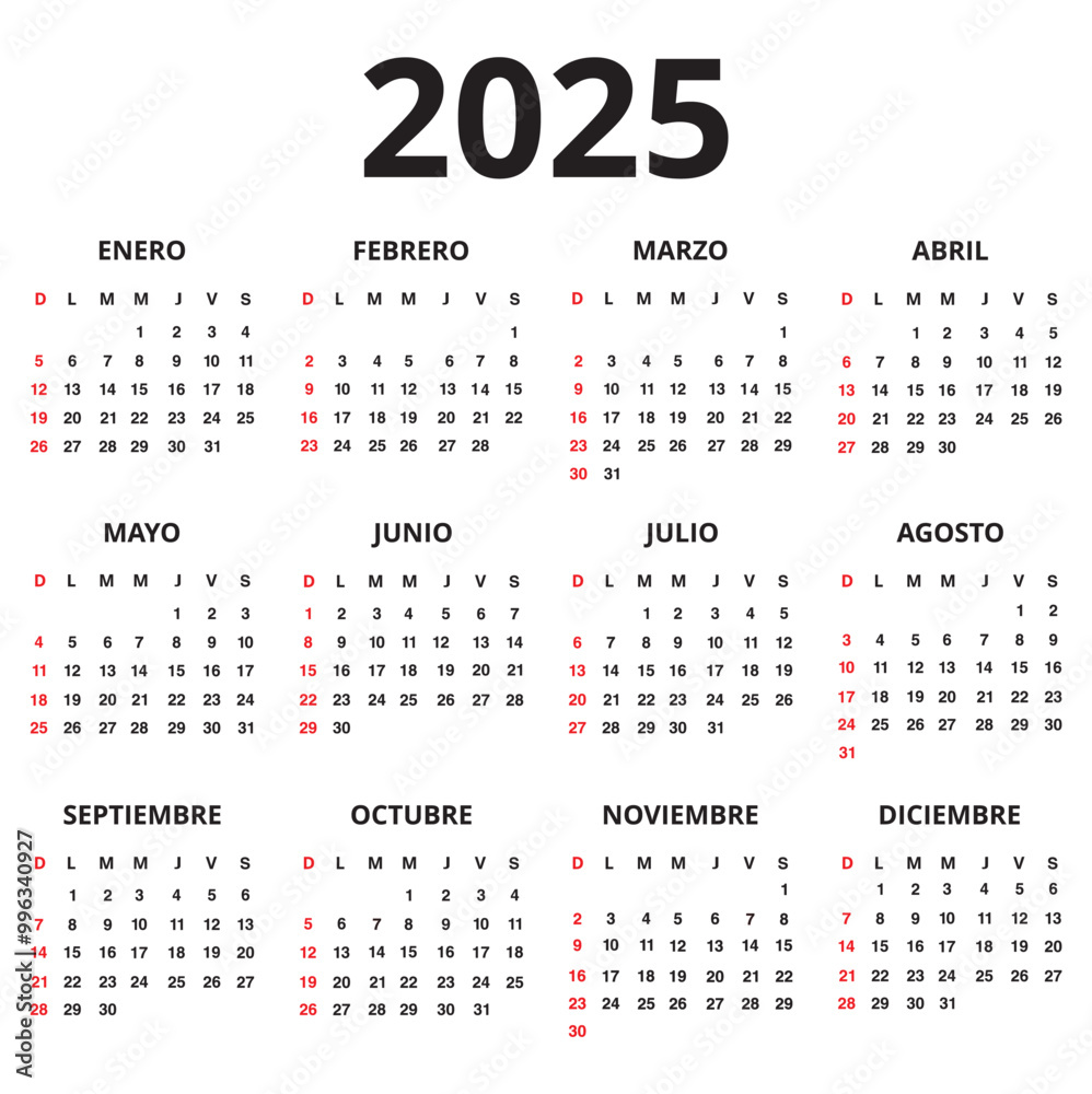 One sheet 2025 spanish language calendar isolated on a white background One sheet 2025 spanish language calendar isolated on a white background