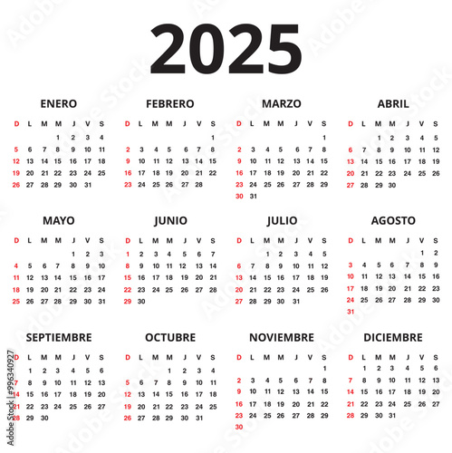 One sheet 2025 spanish language calendar isolated on a white background