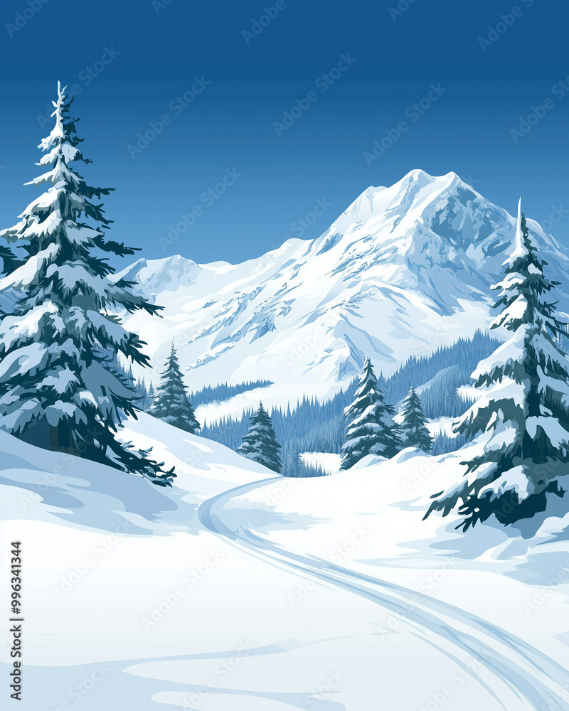 Snowy Mountain Landscape with Evergreen Trees Snowy Mountain Landscape with Evergreen Trees