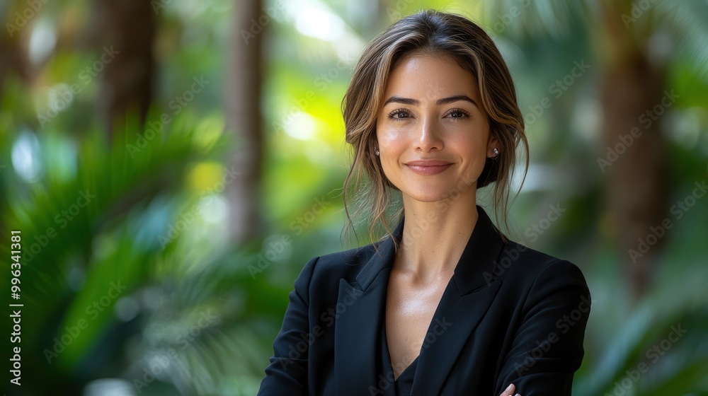 Confident Businesswoman Smiling in a Garden Setting Confident Businesswoman Smiling in a Garden Setting