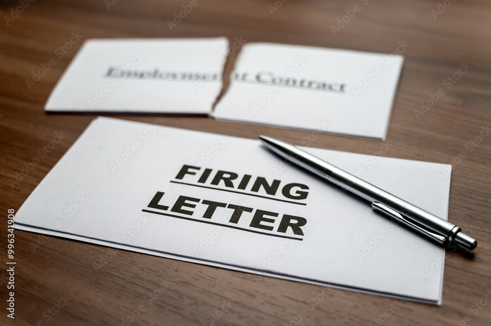 Torn employment contract, and next to it a firing letter, on a wooden surface. Torn employment contract, and next to it a firing letter, on a wooden surface.