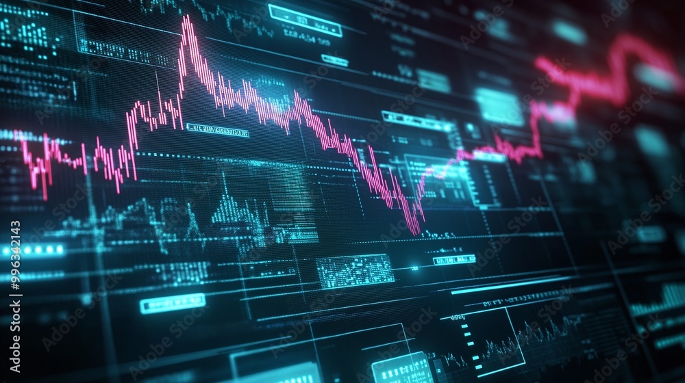 Abstract digital financial chart with glowing, pink and blue lines and data visualizations against a dark background. Abstract digital financial chart with glowing, pink and blue lines and data visualizations against a dark background.