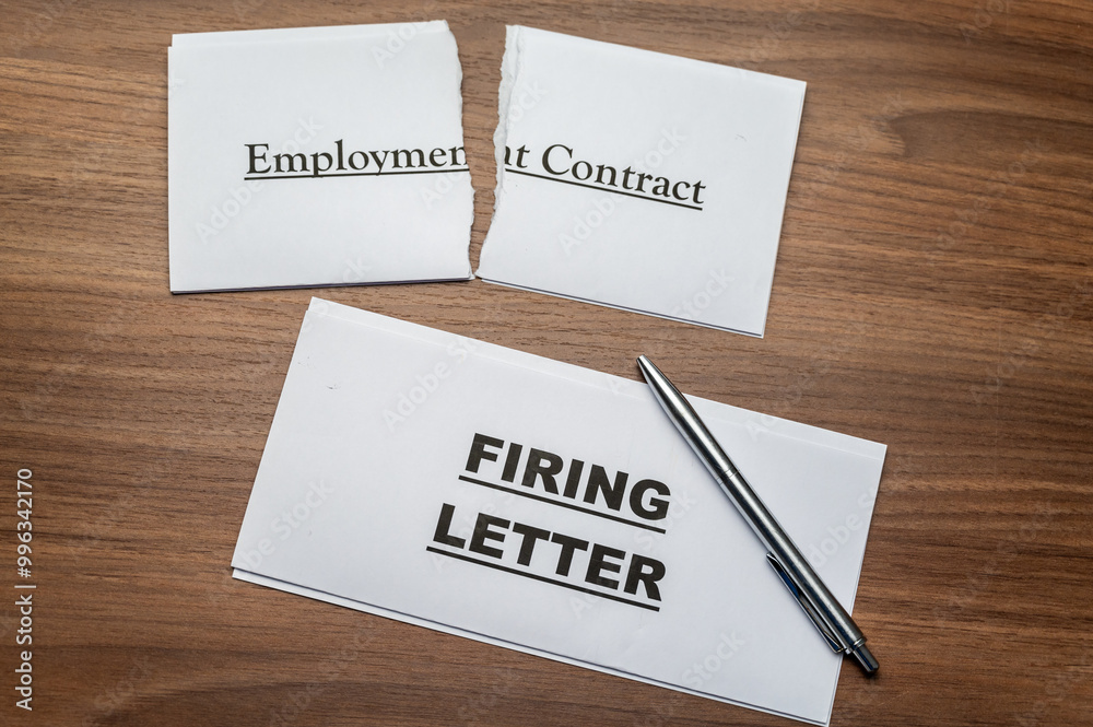 Torn employment contract, and next to it a firing letter, on a wooden surface. Torn employment contract, and next to it a firing letter, on a wooden surface.