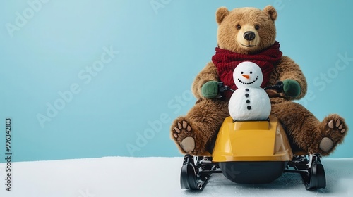 A bear riding a snowmobile with a snowman on the back, fun companionship, playful winter ride