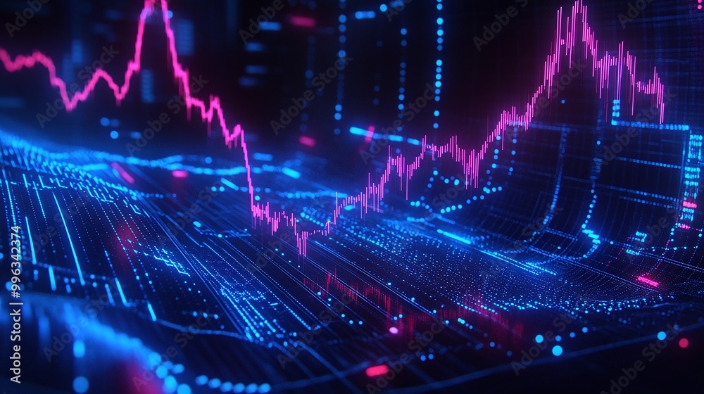 Abstract digital financial chart with glowing graphs and data. High-tech visualization in shades of blue and pink. Abstract digital financial chart with glowing graphs and data. High-tech visualization in shades of blue and pink.