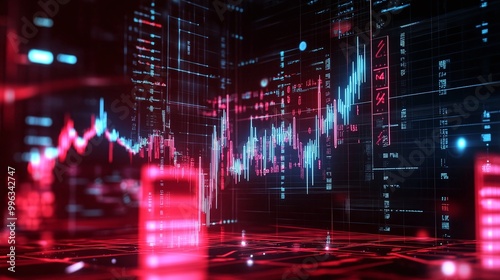 Abstract digital financial chart with glowing lines and data points in red and blue hues.