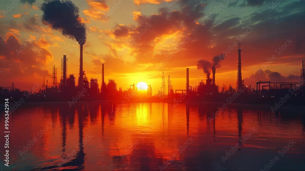 A dramatic sunset behind an industrial plant with smoke rising, reflecting on the calm water below A dramatic sunset behind an industrial plant with smoke rising, reflecting on the calm water below