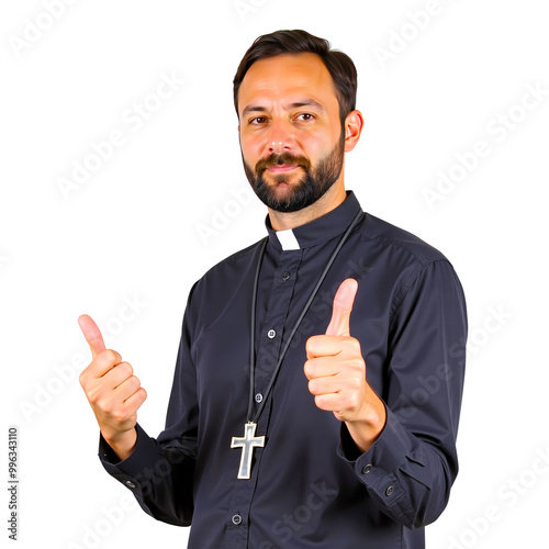 Priest giving a thumbs up: A portrait of a priest with a beard, wearing a black cassock and a silver cross necklace, giving a thumbs up with both hands. photo