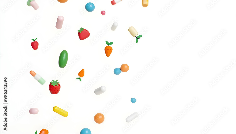 Colorful vitamin mineral drugs icons floating