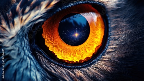 A close up of an owl's eye with a star in the center