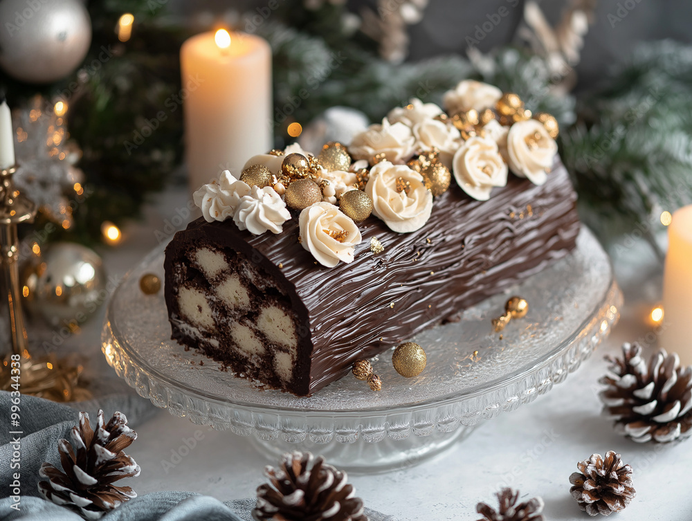 Elegant Yule log cake with intricate cream flowers, chocolate bark texture, dusted with gold powder Elegant Yule log cake with intricate cream flowers, chocolate bark texture, dusted with gold powder