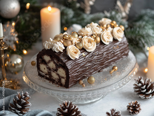 Elegant Yule log cake with intricate cream flowers, chocolate bark texture, dusted with gold powder