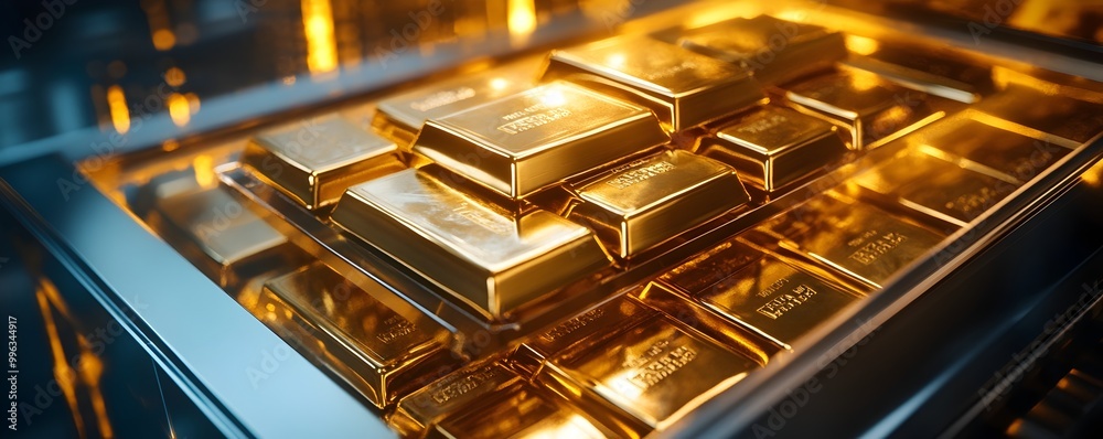 Secure Glass Vault Holding Valuable Gleaming Gold Bars Under Digital Protection
