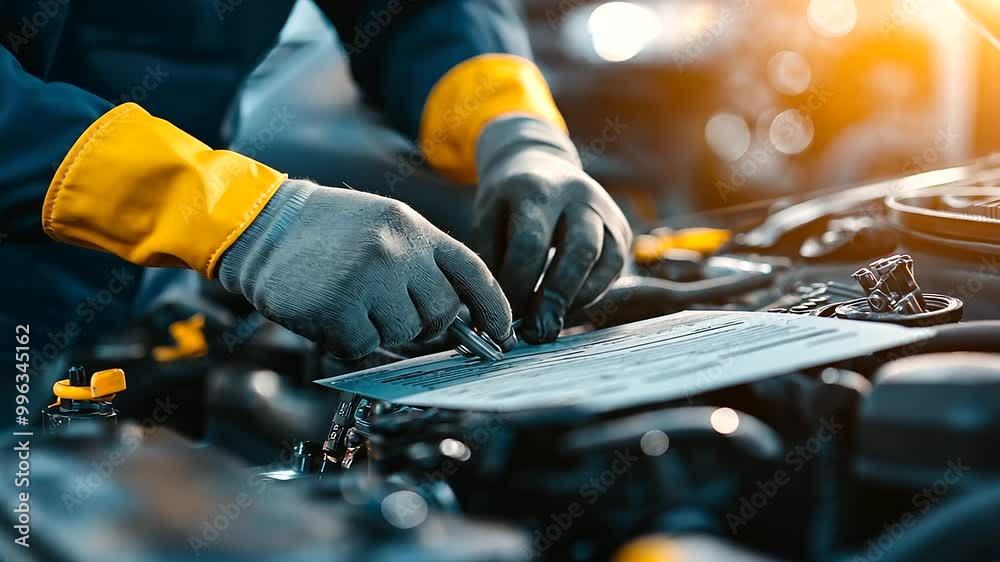 A mechanic's hands are deep in the repair work under a car's hood, while a sharp, well-organized insurance policy is displayed in the foreground, stressing the importance of being prepared A mechanic's hands are deep in the repair work under a car's hood, while a sharp, well-organized insurance policy is displayed in the foreground, stressing the importance of being prepared