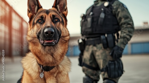 A police officer stands next to a German shepherd