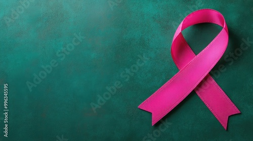 A bright pink cancer awareness ribbon placed on a rich green background, highlighting the fight against cancer