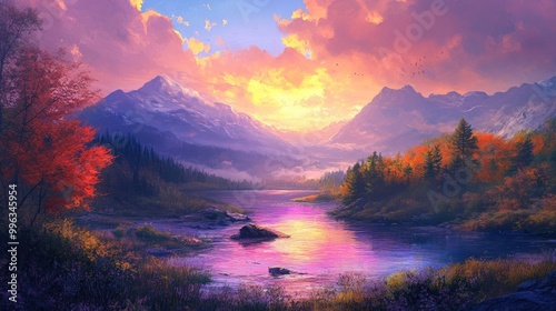 Beautiful and colorful wild nature landscape with flowing rivers, vibrant trees, and distant mountains under a radiant sky